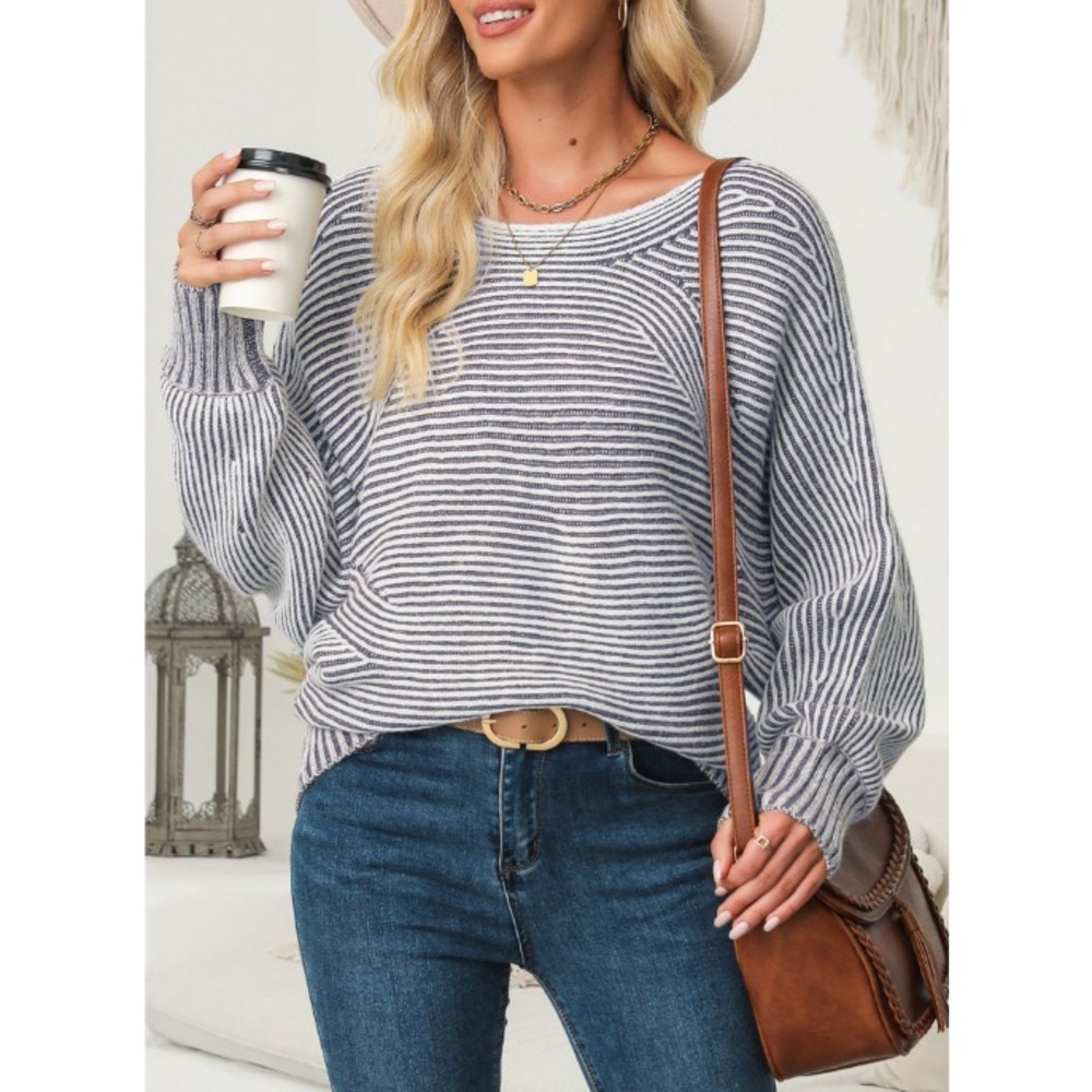 Magnolia Boutique Sweater Women's Size Large Gray White Ribbed Dolman Sleeve